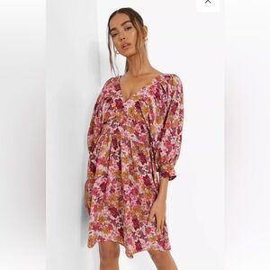 Boohoo Floral Batwing Mini Boho Cottagecore Swing  Dress